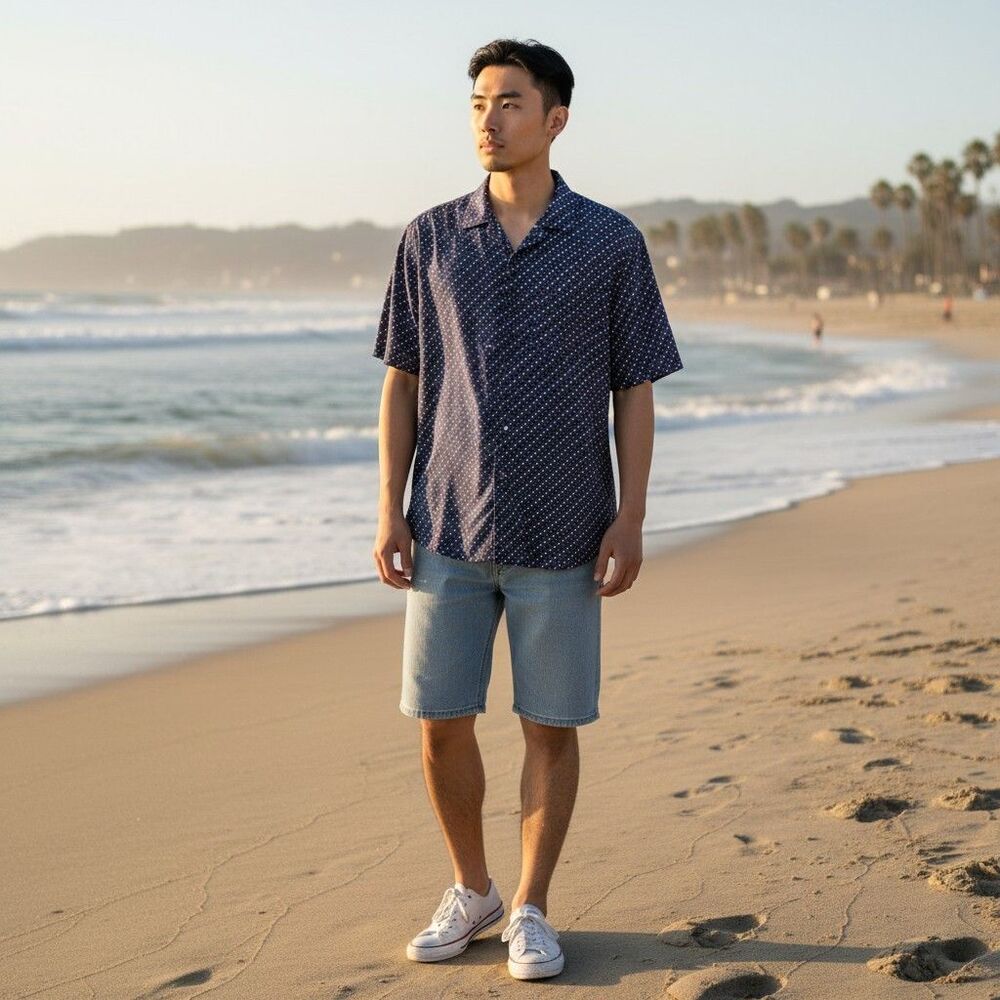 Molokai Surf Co Mens Button down Navy Blue  Print Shirt XL